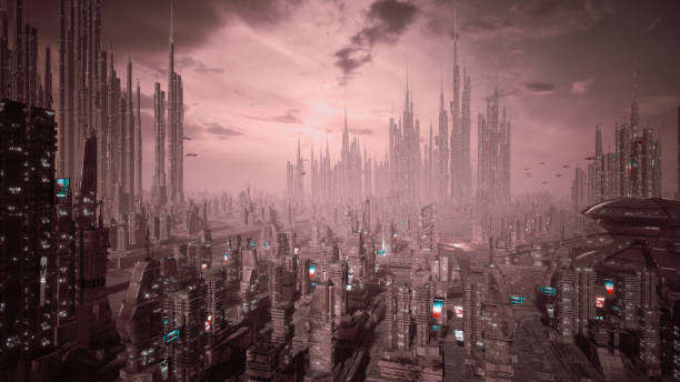 istock Futuristic cyberpunk city and metaverse concept, 3d render 1441857848