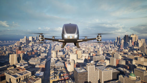 istock Autonomous driverless aerial vehicle fly across city, 3d render 1441857849