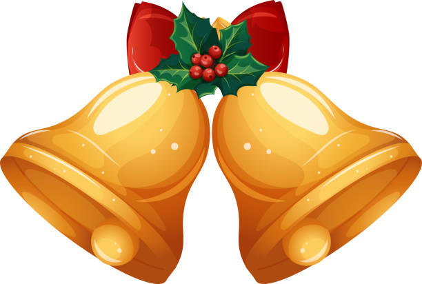赤い弓とヒイラギ、クリスマスの鐘を持つ2つの金色の鐘 - bell handbell christmas holiday点のイラスト素材／クリップアート素材／マンガ素材／アイコン素材
