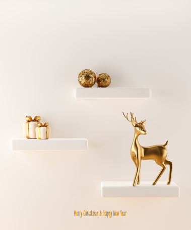 Merry Christmas and Happy New Year. 3D abstract background with Christmas tree, decorations, ornaments, gift boxes, gold deer on stairs. Holidays greetings card. 3d render