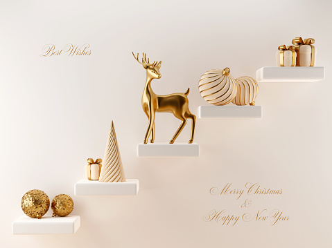 Merry Christmas and Happy New Year. 3D abstract background with Christmas tree, decorations, ornaments, gift boxes, gold deer on stairs. Holidays greetings card. 3d render
