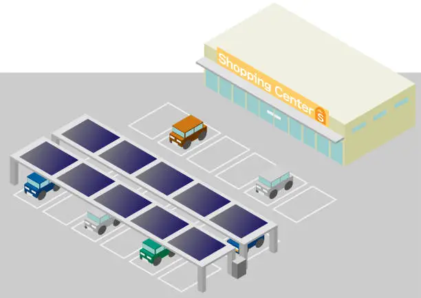 Vector illustration of Image illustration of a shopping center where solar panels are installed on the roof of the isometric parking lot