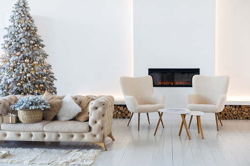 Beautiful living room interior with Christmas tree.
