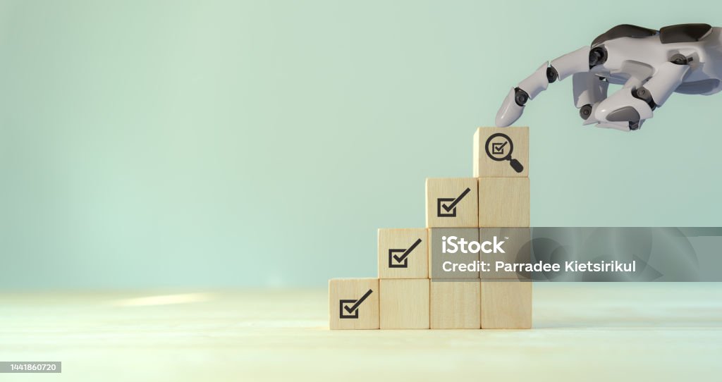 Assessment automation business and technology concept. Performance appraisal. Quality control management, quality evaluation. Product, service quality warranty. Customer review and satisfaction survey Check Mark Stock Photo