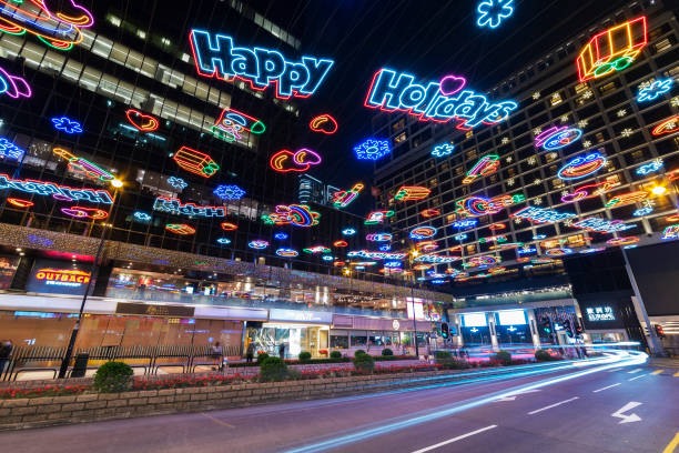 Illuminated Christmas lighting decoration in Tsim Sha Tsui East district of Hong Kong city stock photo