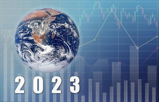 Global business forecast in 2023 show successful economy index symbol on graph and chart for world financial growth presentation background.Earth image from https://www.nasa.gov/content/blue-marble-image-of-the-earth-from-apollo-17