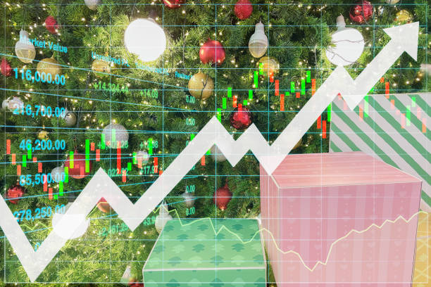 Stock financial index data show successful investment on gifts and holiday items spending on Christmas and New Year with graph, chart, candlesticks and arrow up symbol for business background. stock photo