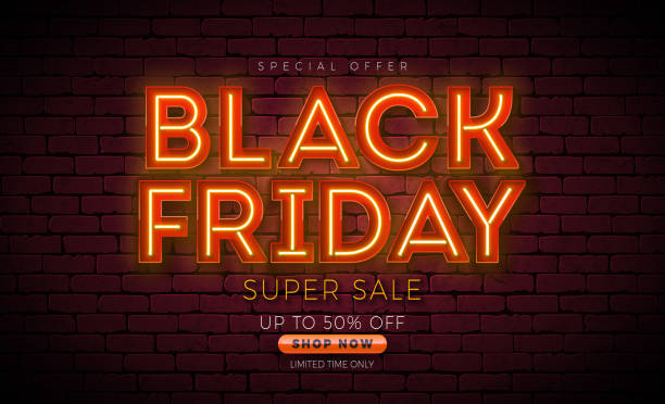 istock Black Friday Sale Illustration with Glowing Neon Light Lettering on Dark Brick Wall Background. Vector New Year and Christmas Design Template for Greeting Card, Flyer, Banner, Celebration Poster or Party Invitation. 1441865749