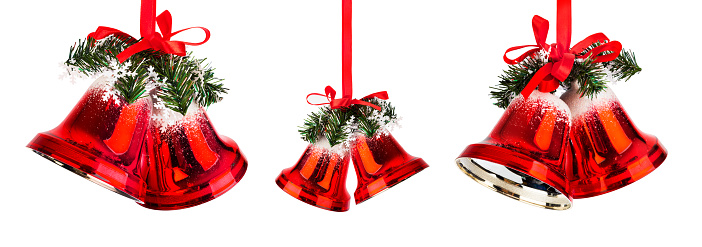 Set of Christmas bells with a red bow isolated on white background