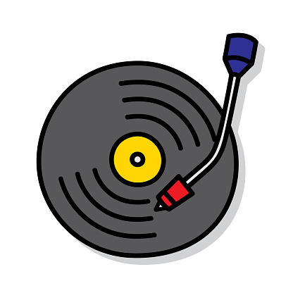 Vector illustration of a hand drawn vinyl record with stylus against a white background.