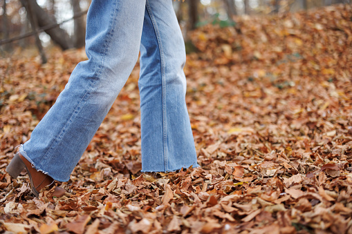 Close-up shot of female legs in jeans and boots walking on fallen autumn leaves in nature, side view