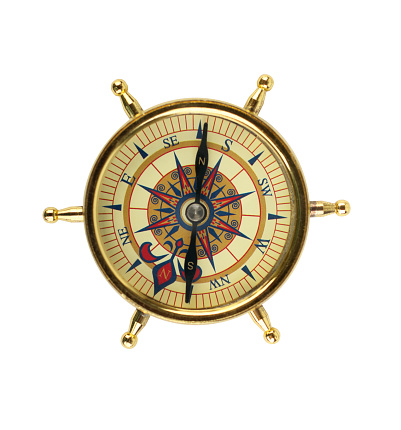 Ancient gold colored compass isolated on white background