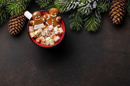 Gingerbread man cookies in a cup with marshmallow. Christmas holiday with copy space