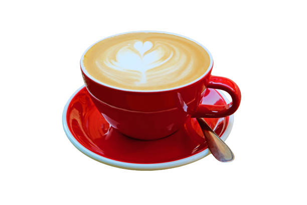Hot Cappuccino Coffee in Red Cup Isolated on White Background