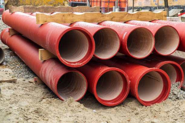 istock Orange ceramic water pipes are stacked on the street during renovation work 1441872106