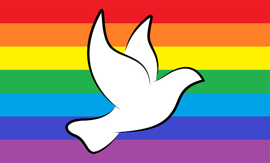 eps vector illustration with white peace dove in front of rainbow flag as a sign against war