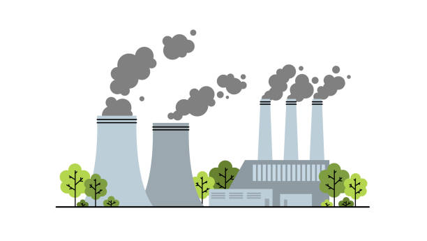 공장 발전소는 온실 가스 구름을 생성합니다. co2 탄소 연기 배출, 지구 온난화, 기후 변화 개념. 탄소 발자국 제로, 온실 효과. 평면 벡터 그림입니다. - pollution coal carbon dioxide smoke stack stock illustrations