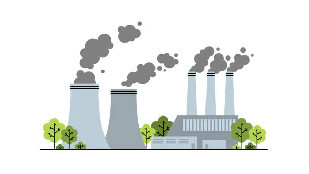 Factory power station produce greenhouse gas clouds. CO2 carbon fumes emission, global warming, climate change concept. Zero carbon footprint, greenhouse effect. Flat vector illustration. Factory power station produce greenhouse gas clouds. CO2 carbon fumes emission, global warming, climate change concept. Zero carbon footprint, greenhouse effect. Flat vector illustration. smoke stack stock illustrations