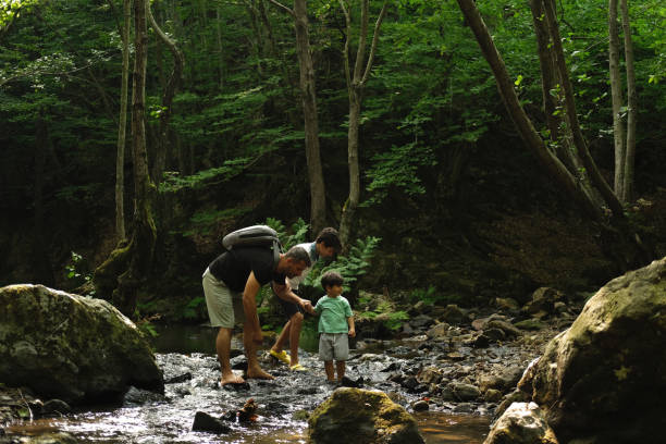 istock Father with son exploring river in a tropical forest. 1441873964