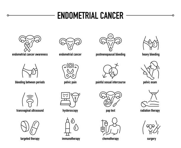 Endometrial Cancer vector icon set Endometrial Cancer symptoms, diagnostic and treatment icon set. Line editable medical icons. pap smear stock illustrations