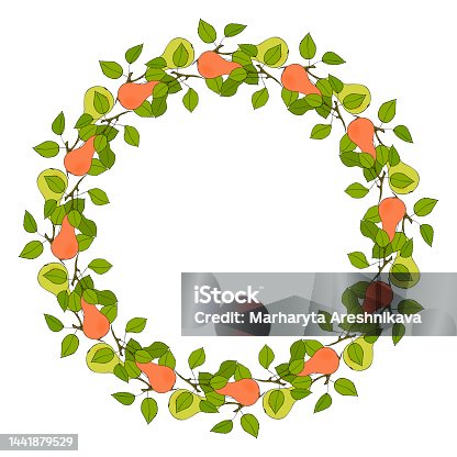 istock Pears Wreath circle of twigs with fruits orange and green, doodle, round frame with branches, leaves and fruits. 1441879529