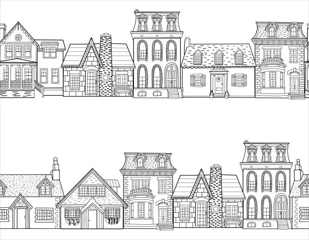 Vector illustration of Hand drawn European city houses horizontal seamless pattern. Cute cartoon style vector illustration. Townhouse building sketch. City buildings, Doodle decorative elements collection.