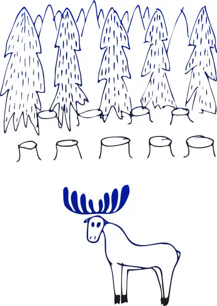 Vector illustration of deer on the background of a forest landscape.Vector illustration