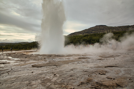 Strokkur the big geyser in the Haukadalur hot water valley in Bláskógabyggð municipality