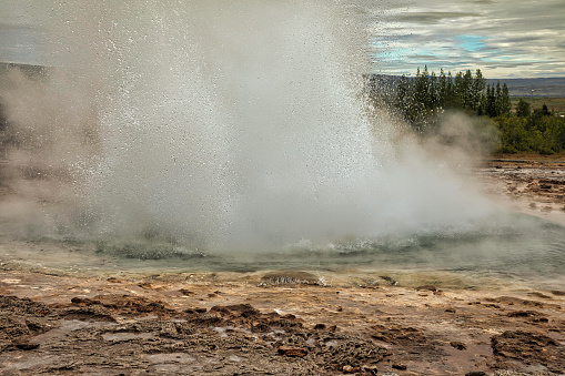 Strokkur the big geyser in the Haukadalur hot water valley in Bláskógabyggð municipality
