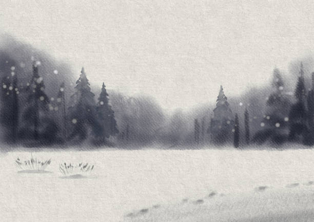 zimowy krajobraz akwarelowy - frozen cold spray illustration and painting stock illustrations