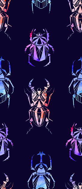 Vector seamless neon pattern with watercolor beetles and bedbugs on a purple background. Entomology texture.