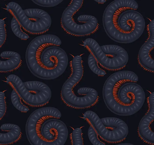 Vector illustration of Dark vector seamless pattern with scary centipedes on gray background. Texture with cartoon julida. Gloomy fabric with millipede insect.