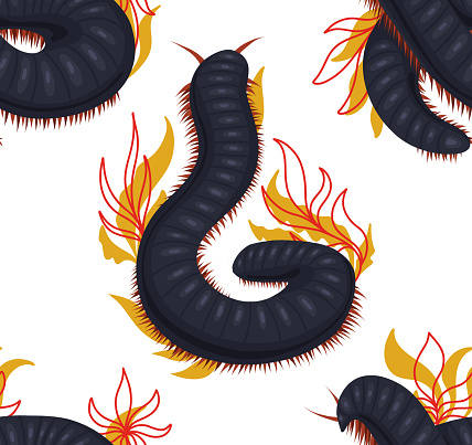 Vector seamless pattern with scary centipedes with foliage and leaves on white background. Texture with julida and stems. Wallpaper with insect with a chitinous shell. Fabric with millipede