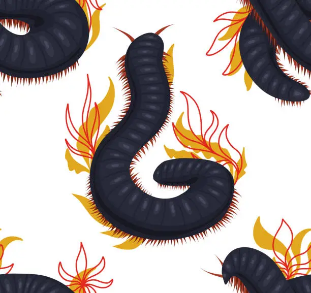 Vector illustration of Vector seamless pattern with scary centipedes with foliage and leaves on white background. Texture with julida and stems.