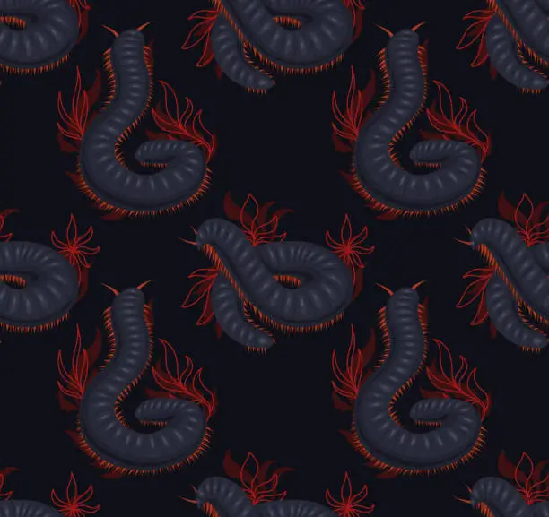 Vector illustration of Seamless pattern with scary centipedes with foliage and leaves on dark gray background. Vector texture with julida and stems