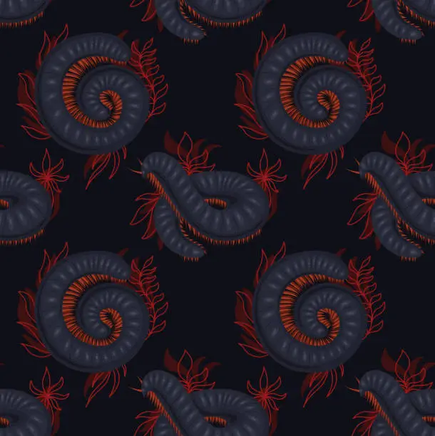 Vector illustration of Dark vector seamless pattern with scary centipedes in roll with foliage and leaves on black background. Wallpaper with insect with a chitinous shell.