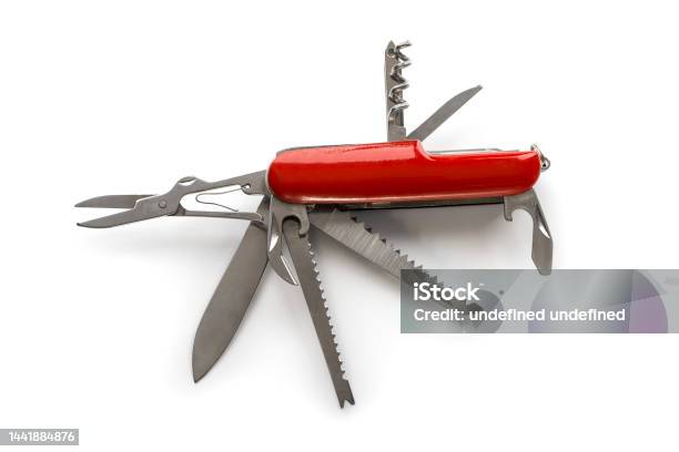 Swiss Army Knife On A White Background Stock Photo - Download Image Now - Penknife, White Background, Work Tool