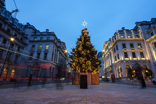 Decorated christmas tree, Long exposure at night. London, England.