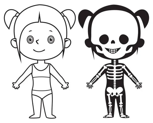 Vector illustration of Black and white Cute Girl Skeleton