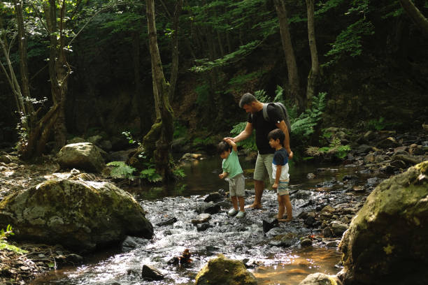 istock Father with son exploring river in a tropical forest. 1441887960