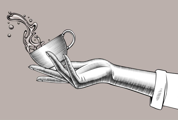 ilustrações, clipart, desenhos animados e ícones de mão da mulher segurando uma xícara de café com uma água espirrada - coffee espresso retro revival coffee cup