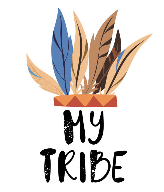 My tribe poster Native American feathered headgear with text lettering My tribe. Isolated vector illustration headdress stock illustrations