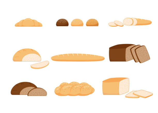 ilustrações, clipart, desenhos animados e ícones de pão de pastelaria de trigo, grãos integrais e centeio, alimentos para padaria, pão. pão, tijolo de pão, croissant, pão de torradas, baguete francesa, chalá. ilustração vetorial - pão de forma fatiado