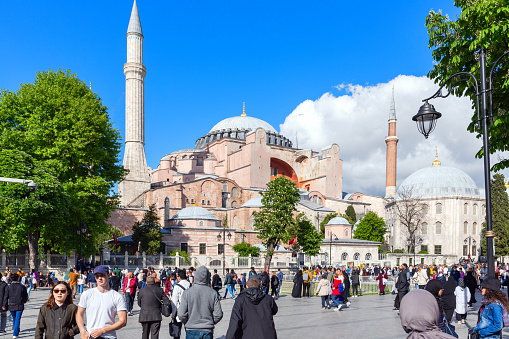 Istanbul, Turkey - May 19, 2022: A lot of tourists in front of the Hagia Sophia mosque