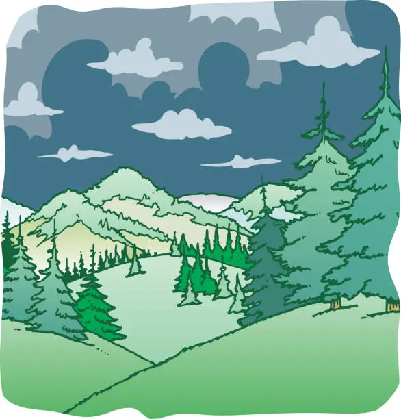 Vector illustration of Cloudy day.  Forest and mountains in the background.