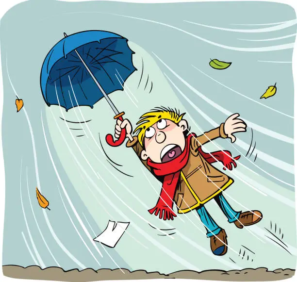 Vector illustration of An umbrella. Strong wind. The boy in the storm