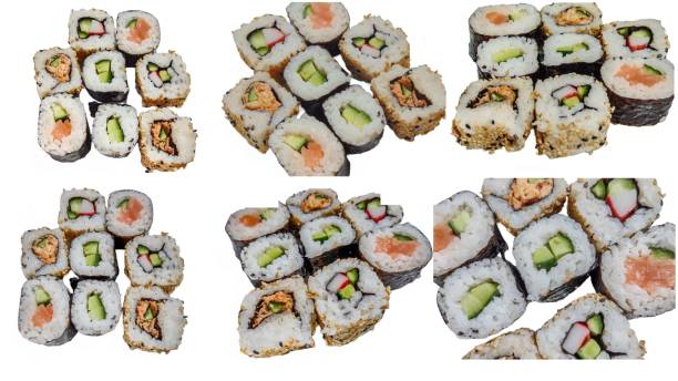 istock Colage with sushi roll food isolated on white background 1441892846