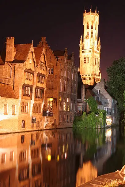 Historic Bruges Bell Tower and canal nightshot