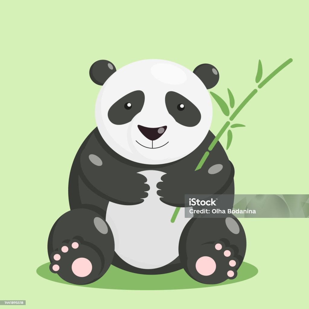Nhân Vật Hoạt Hình Gấu Trúc Ngồi Và Cầm Tre Trong Bàn Chân Trên ...
