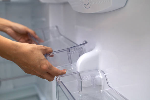 istock Close-Up Female Hands Fixing A Clean Plastic Tray In Refrigerator fridge 1441897402